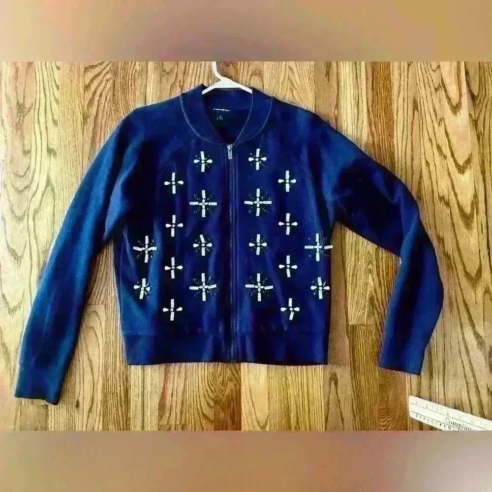 BANANA REPUBLIC - Jeweled Bomber Jacket. Navy with Fleece Lining. Medium